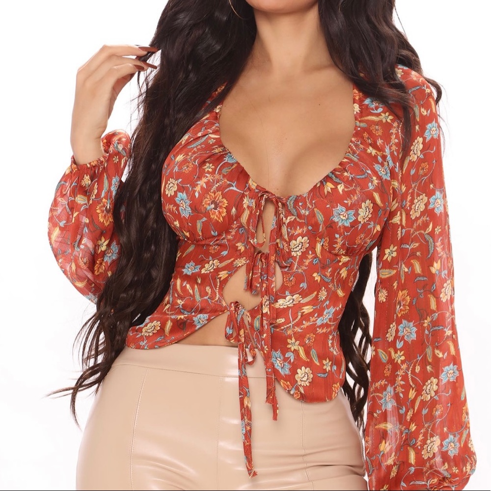 Fashion Nova,     Chia Boy Chiffon Top ; Rust/combo